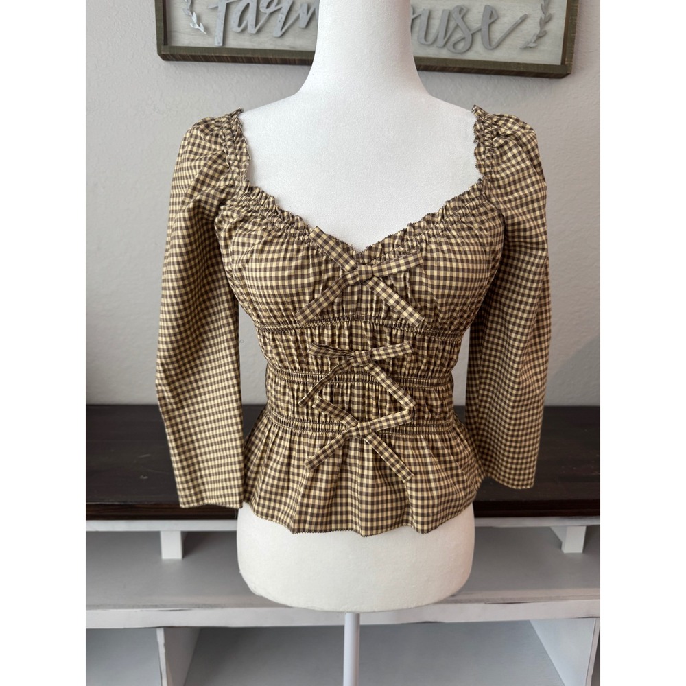 NWT Reformation Lauryn Top Long Sleeve Bows Smocked Blondie Check Size 2 - Picture 2 of 8